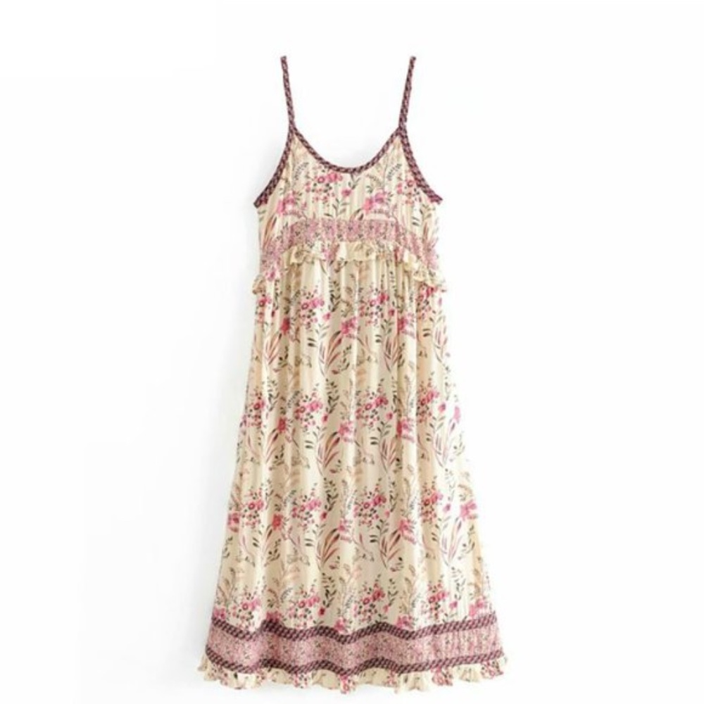 Bohemian Gypsy Cream Pink Floral Print Cami Midi Dress - Picture 3 of 4